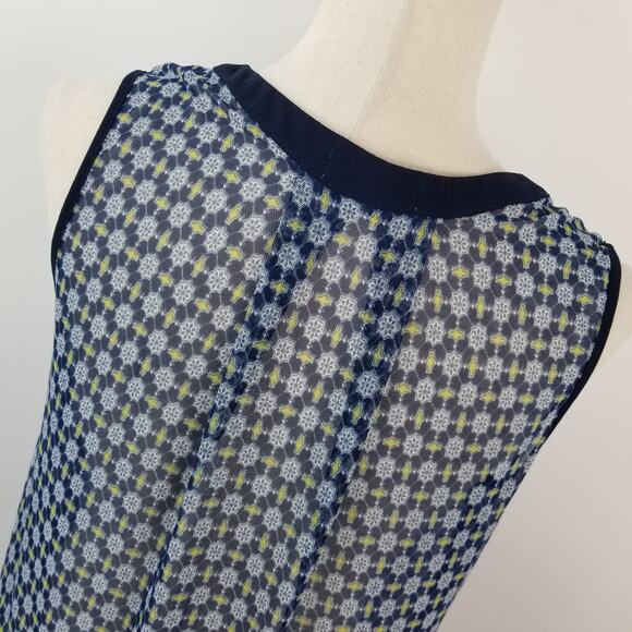 Faith and Joy Blue Yellow White Sheer Sleeveless Tunic Pleated Top Nice   Medium - Picture 4 of 8